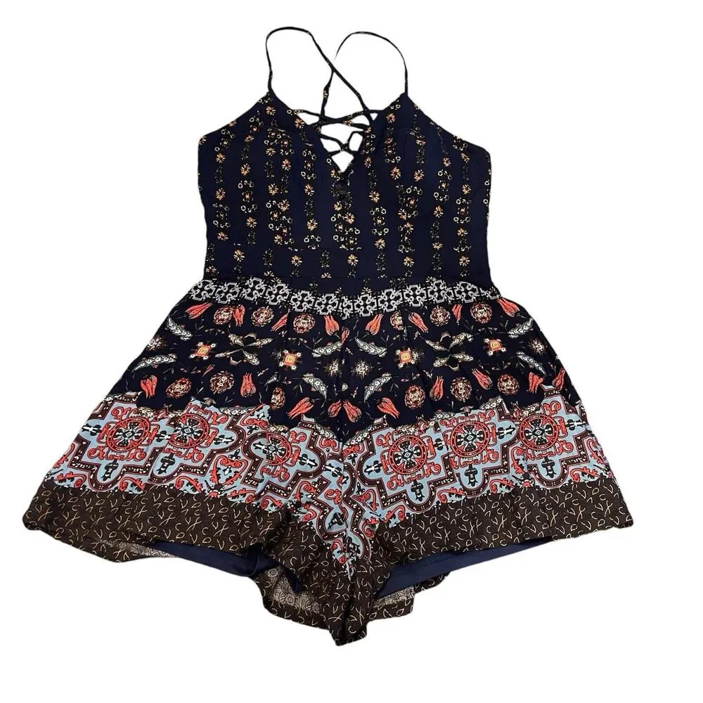 Love Culture Blue Floral Print Boho Whimsical Fairy V Neck Romper Size Medium